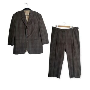 Vintage Stacy Adams Brown Plaid 2 Piece Suit Jacket 46R 40W